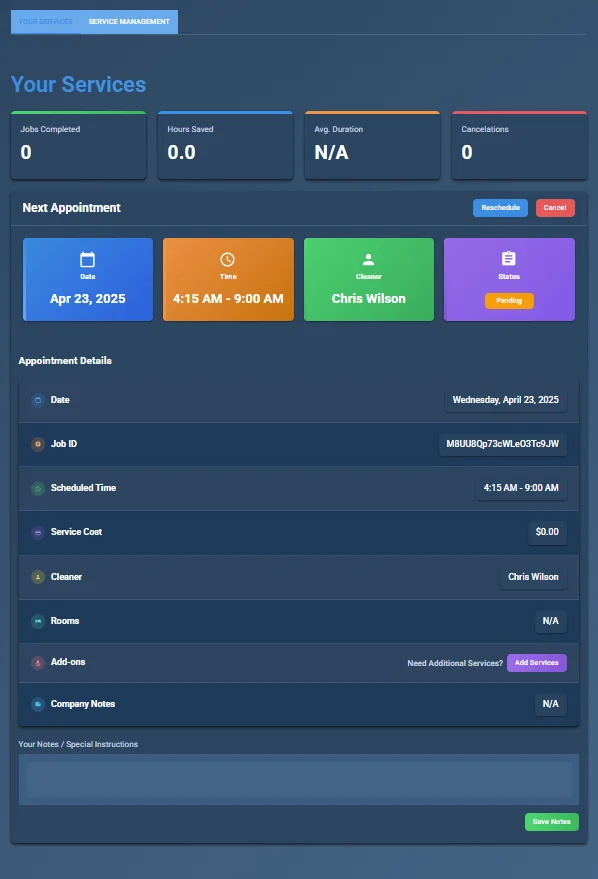 Client self-service portal showing customer's upcoming cleaning appointments with options to reschedule, cancel, or add services