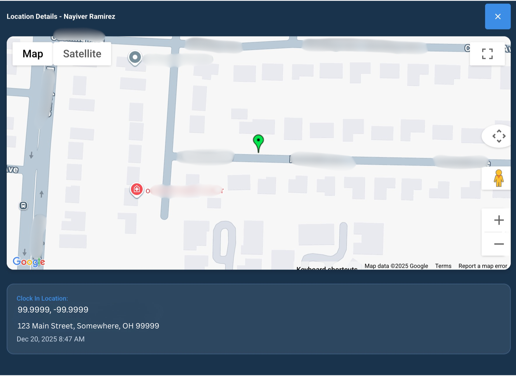 GPS time clock interface showing Google Maps with geofence marker, clock-in location coordinates, job address, and timestamp when cleaner arrived on-site