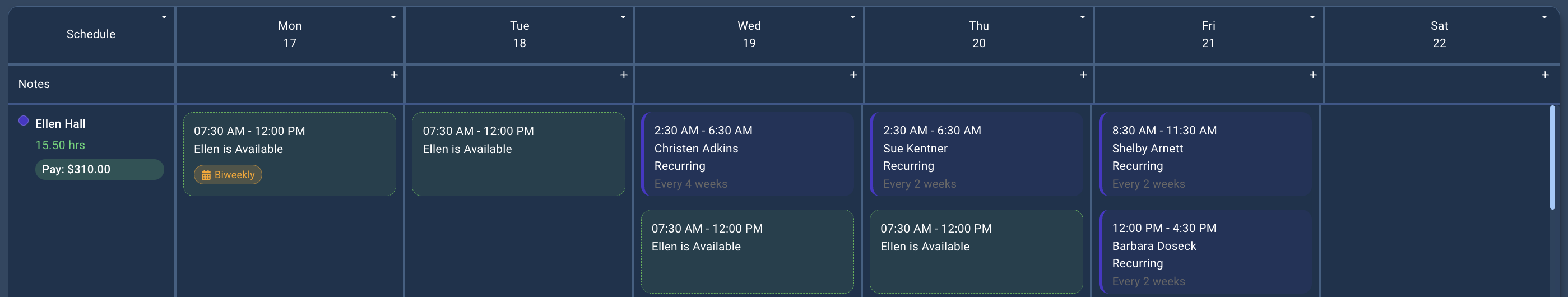 Availability time card showing cleaner's schedule with available gaps and booked jobs