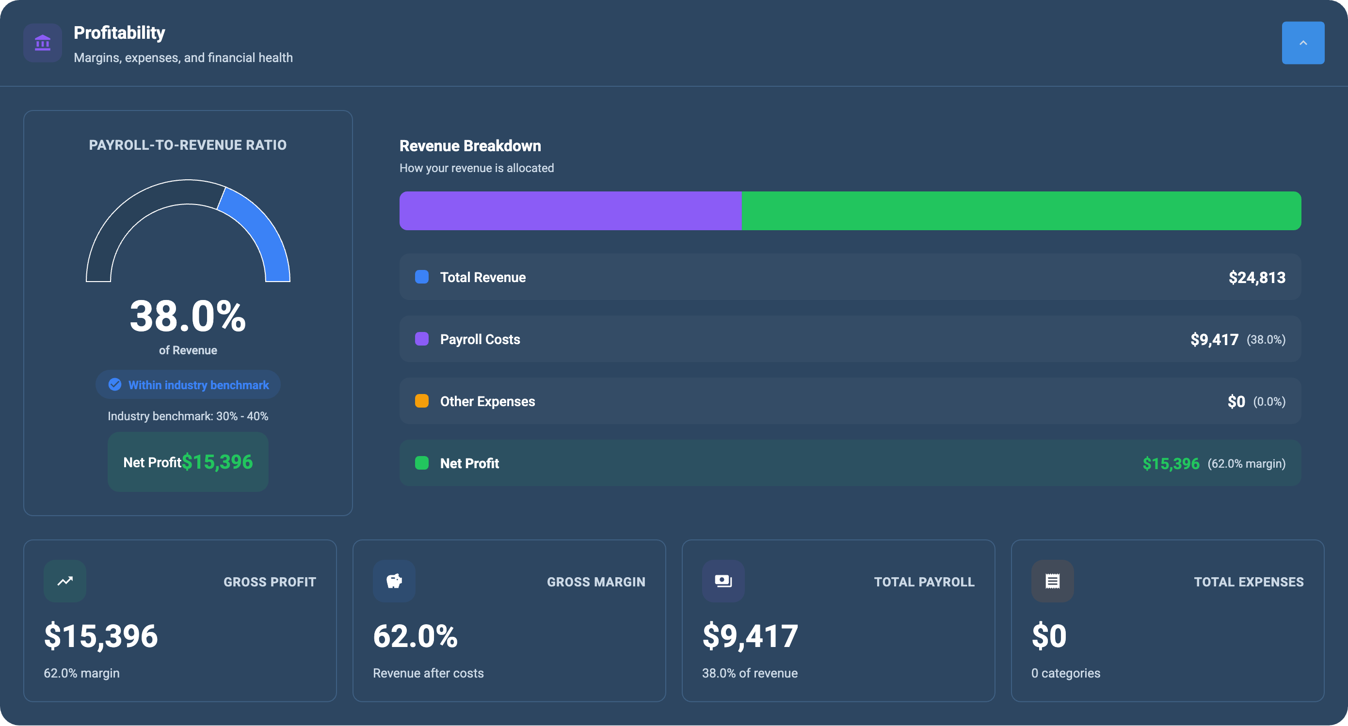Profitability KPI report showing payroll-to-revenue ratio gauge, gross profit margin, net profit, and expense breakdown pie chart