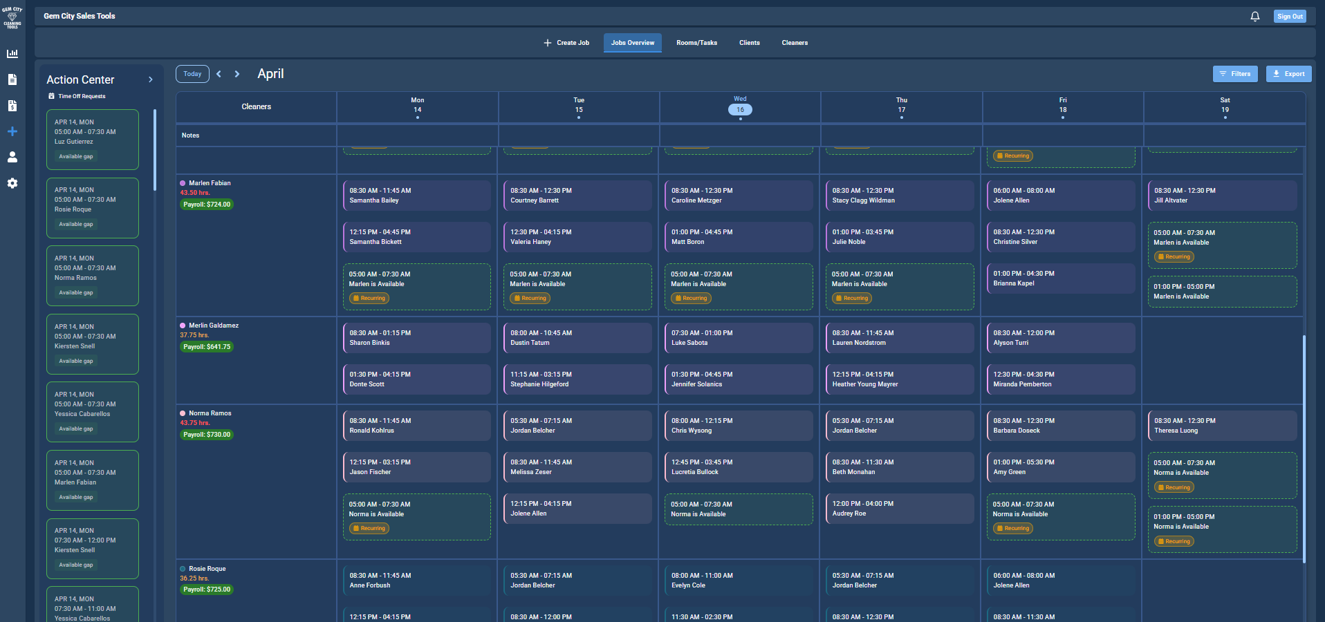 Comprehensive scheduling calendar for cleaning businesses showing weekly view with color-coded jobs, cleaner assignments, and availability status