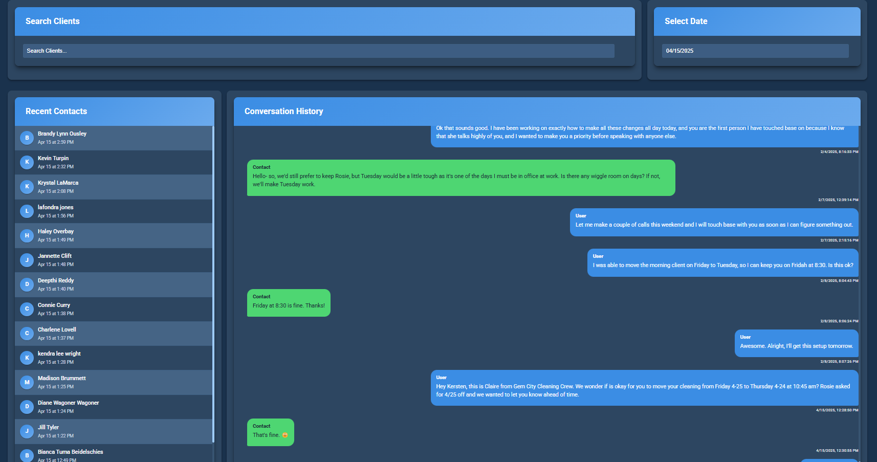High Level CRM integration showing client search and message history interface for cleaning business communications