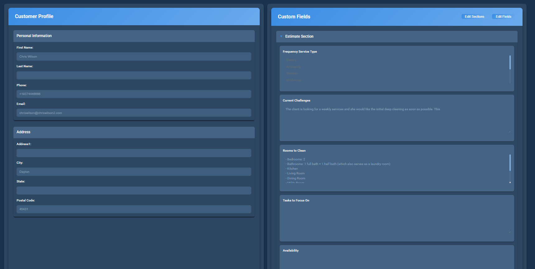 Customer profile management interface showing customizable fields for cleaning client details and service preferences