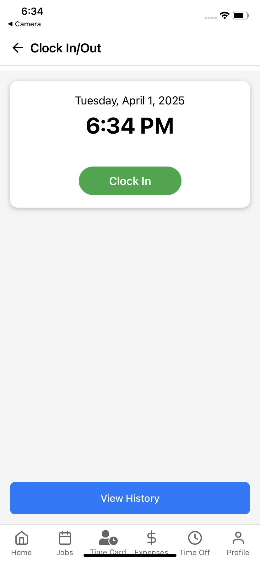 Clock-in screen for cleaning staff showing GPS location verification, job details, and time tracking controls