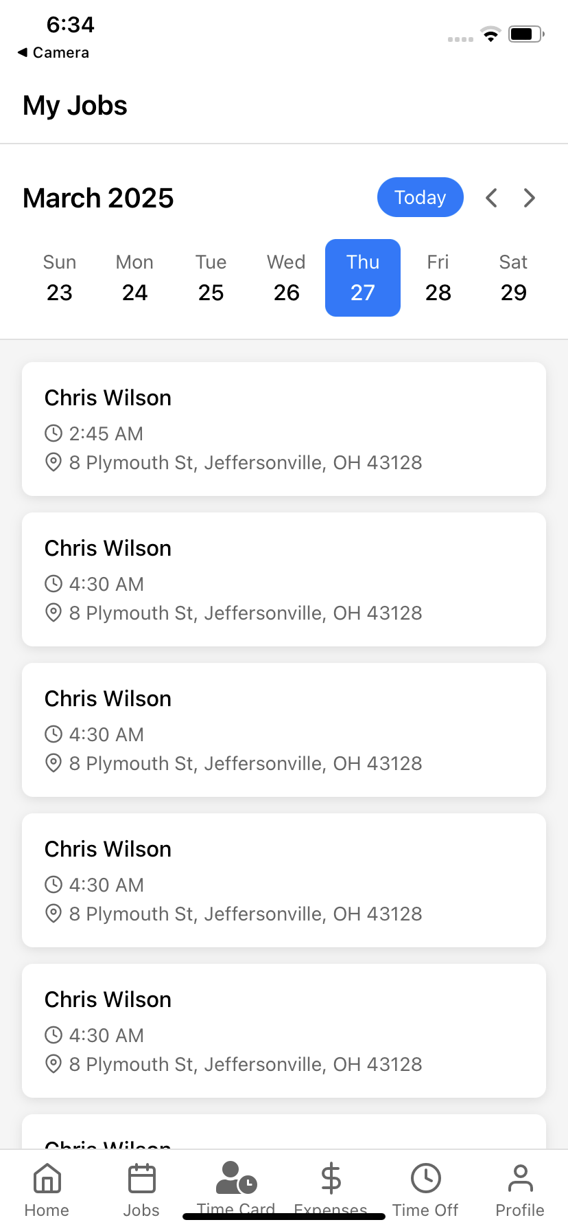 Cleaning staff schedule view showing daily job listings with times, locations, and client details for efficient service delivery